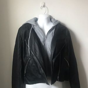 Leather jacket with hood